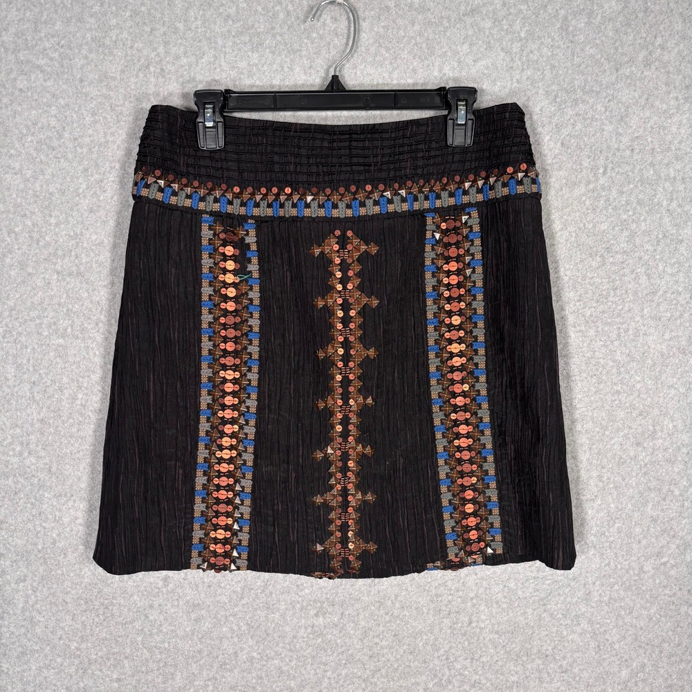 Vintage Etcetera Embellished Crinkle Mini Skirt 8 Bronze Embroidered Beaded Boho